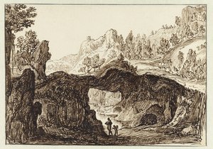Paisaje de montaña rocosa con dos viajeros en primer plano de Jan van Almeloveen