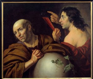 Heráclito y Demócrito Los filósofos griegos Heráclito de Éfeso (535-475 a.C.) y Demócrito (460-370 a.C.). Pintura de Jan van Bijlert (1597-1671) siglo XVII de Jan van Bijlert or Bylert