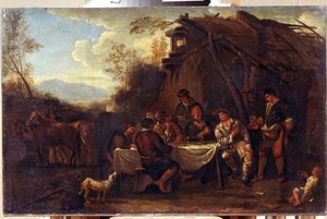 El alegre encuentro (Merrymeeting). Pintura de Jan Miel (1599-1664). Arte de estilo barroco flamenco. Óleo sobre tela. Museo de Arte Regional I. Kramskoi, Voronezh (Voronezh, Rusia).
