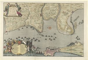 Mapa del Desembarco y Expedición Aliados en Cádiz, 1702 Plano del Dissante de Desembarco en Spangien para Cadix con los Campements y Marse hecho por el Duque de Ormont y el General Majoor y Baron de Spar Ceedert el 26 de Agosto a de Jan van Call (I)