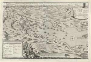Batalla de la Bahía de Vigo y Captura de la Flota de Plata Española, 1702 Caarte vande Landingh en la Bahía de Vigos como parte de la captura de dos Casteels y la captura de la Flota de Plata española fondeando en el Baay para Redondella den de Jan van Call (I)