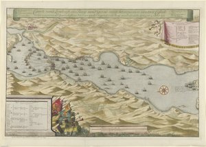 Batalla de la Bahía de Vigo y Captura de la Flota de Plata Española, 1702 Caarte vande Landingh en la Bahía de Vigos como parte de la captura de dos Casteels y la captura de la Flota de Plata española fondeando en el Baay para Redondella den de Jan van Call (I)