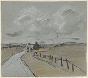Vista a lo largo de una carretera con altos arcenes y vallas de Jan van Essen