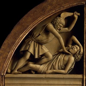 El Altar de Gante. Adoración del Cordero Místico: Caín mata a Abel de Jan van Eyck