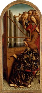 El retablo de Gante. Adoración del Cordero Místico: Ángeles músicos, 1432 de Jan van Eyck