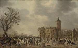 Un paisaje invernal con figuras desportándose sobre el hielo junto al castillo de Montfoort de Jan van Goyen