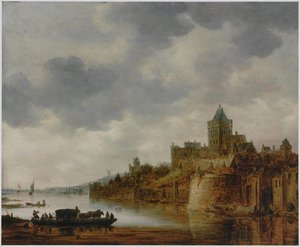 Holandés: Paisaje fluvial con vista de Valkhof, Nimega Paisaje fluvial con vista de Valkhof, Nimega de Jan van Goyen