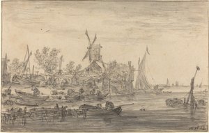 Escena de la Orilla con Molino de Viento de Jan van Goyen