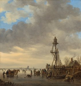 Escena de hielo cerca de una torre de observación de madera de Jan van Goyen