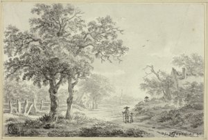 Hombre y niño caminando por la carretera del pueblo de Jan van Goyen
