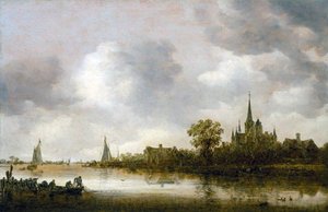Paisaje fluvial con una iglesia a lo lejos de Jan van Goyen