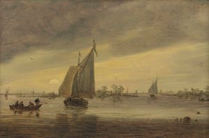 Amanecer sobre el Haarlemmermeer con un schmalship y otros barcos de Jan van Goyen