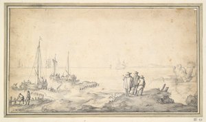 Tres figuras en una duna con vista a la bahía con barcos de Jan van Goyen