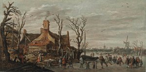 Paisaje invernal con figuras sobre el hielo cerca de una casa de campo de Jan van Goyen