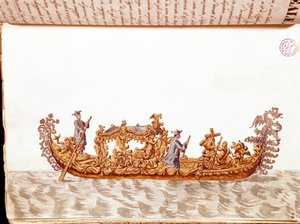 Una góndola real - Dibujo en acuarela y tinta del manuscrito 