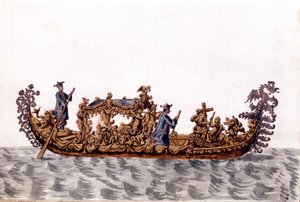 Una góndola real. Dibujo en acuarela y tinta del manuscrito "Costumbres de los venecianos" de Jan van Grevenbroeck (o Giovanni Grevembroch) (1731-1807) de Jan van Grevenbroeck
