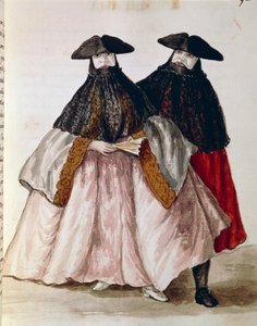 Personajes de carnaval en Venecia, ilustración del libro ilustrado de trajes venecianos, por Jan Grevenbroeck, acuarela, Italia