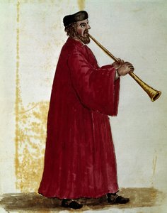 Flautista. Dibujo en acuarela y tinta del manuscrito “Costumbres de los venecianos” de Jan van Grevenbroeck (o Giovanni Grevembroch) (1731-1807)