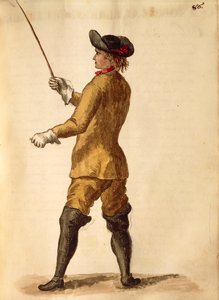 Caballero en traje de montar, de Gli Abiti de Veneziani, libro ilustrado de trajes, acuarela de Jan van Grevenbroeck