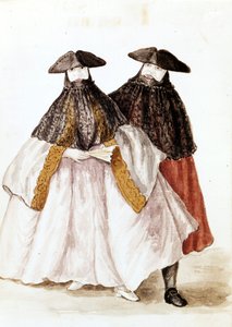 Máscaras del Carnaval de Venecia. Dibujo en acuarela y tinta del manuscrito “Costumbres de los venecianos” de Jan van Grevenbroeck (o Giovanni Grevembroch (Grevenbroch) (1731-1807)