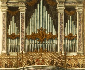 Órgano, detalle de cantata de putti, por Giovanni Grevembroch. Italia de Jan van Grevenbroeck