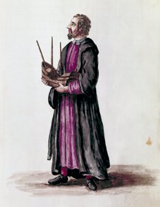 Representación de un arquitecto naval, sostiene en sus manos el modelo en miniatura del barco que construyó (detalle). Dibujo en acuarela y tinta del manuscrito “Costumbres de los venecianos” de Jan van Grevenbroeck (o Giovanni Grevembroch) (1731-1807) de Jan van Grevenbroeck