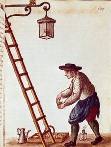 Pequeño oficio: encendiendo lámparas. Acuarela y tinta de un manuscrito de Jan van Grevenbroeck