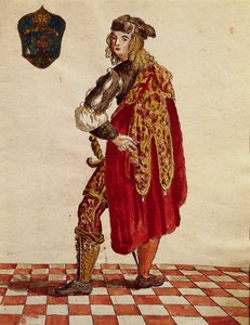 Traje de caballero de la Cofradía de la Calza en 1564, de Gli Abiti de Veneziani, libro ilustrado de trajes, acuarela de Jan van Grevenbroeck