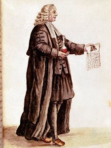 El boticario sosteniendo en sus manos un pequeño frasco y una receta. Acuarela y tinta de un manuscrito de Jan van Grevenbroeck de Jan van Grevenbroeck