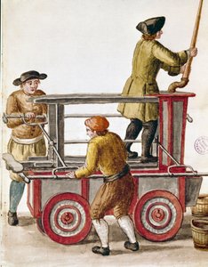 Uso de una bomba de agua o bomba hidráulica. Acuarela y tinta de un manuscrito de Jan van Grevenbroeck