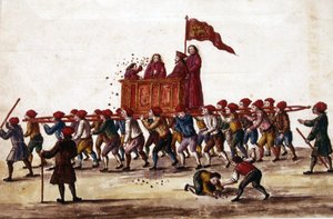 Fiestas venecianas. El príncipe recién elegido es llevado en triunfo por los trabajadores del Arsenal a la Plaza de San Marcos. Durante el recorrido arroja monedas a la multitud. Dibujo en acuarela y tinta del manuscrito 