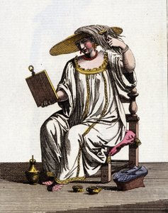 Método de las mujeres venecianas para aclarar su cabello al sol en los siglos XVII - XVIII. Dibujo en acuarela y tinta del manuscrito 