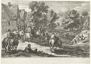 Vista de un pueblo con jinetes en primer plano de Jan van Huchtenburg