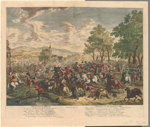 Batalla ecuestre, hacia 1702 Praelium en Bélgica / Batalla de los Países Bajos (título sobre objeto) de Jan van Huchtenburg