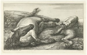 Dos caballos caídos, el izquierdo visto de frente Caballos muertos (título de la serie) de Jan van Huchtenburg