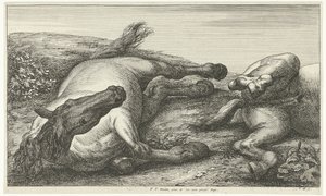 Dos caballos caídos, el izquierdo visto de frente Caballos muertos (título de la serie) de Jan van Huchtenburg