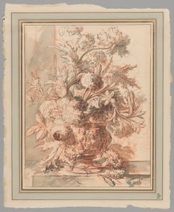 Flores en una urna decorada con Putti, sobre un zócalo de Jan van Huysum