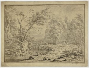 Paisaje con pastores junto al río y hombre a caballo de Jan van Huysum