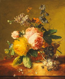 Rosas y otras flores en una canasta sobre un borde de mármol, c.1742 de Jan van Huysum