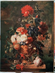 "Bouquet de fleurs" (Flores) También se muestra un nido con huevos e insectos (incluyendo mariposas, moscas, hormigas y mariquitas) Pintura de Jan van Huysums (1682-1749) 1722 Museo del Hermitage de San Petersburgo de Jan van Huysums