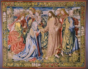 Tapiz flamenco. Serie El cielo de Carlos V. Cristo se despide de su Madre (Despedida de Cristo/Cristo se despide de su madre). El dibujante Jan van Coninxloo. Fabricación de Julien Portois, Mechelen (Malines). alrededor de 1521. de Jan van II Coninxloo