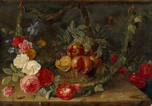 Composición de naturaleza muerta decorativa con una cesta de frutas, mediados del siglo XVII de Jan van Kessel