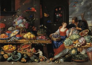 Mercado de frutas y verduras con una joven vendedora de frutas de Jan van Kessel d.Æ.