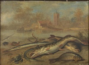 Peces y paisaje de Jan van Kessel the Elder