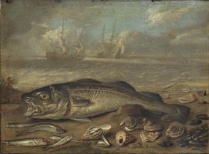 Peces y paisaje marino de Jan van Kessel the Elder