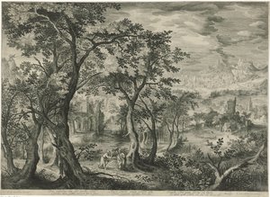 Paisaje de montaña con la tentación de Cristo de Jan van Londerseel