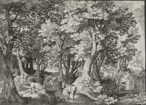 Paisaje con el profeta desobediente siendo devorado por un león de Jan van Londerseel