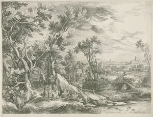 Paisaje con Abraham rogando a los tres ángeles que salven a Sodoma de Jan van Londerseel