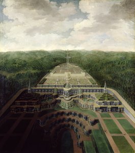 Vista del complejo de Karlsberg desde las cascadas y jardines hasta el octágono, después de 1716 de Jan van Nickelen