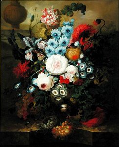 Claveles, Gloria de la Mañana, Rosas, Aurículas, Jacinto y Otras Flores con un Nido de Pájaros en un Ledge de Mármol de Jan van Os